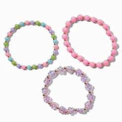 Bracelets élastiques fleurs et billes roses - Lot de 3