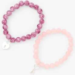 Bracelets élastiques perlés à billes roses cadenas et clé cœur - Lot de 2