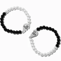 Bracelets perlés cœur fendu perles d'imitation et billes noires best friends - Lot de 2