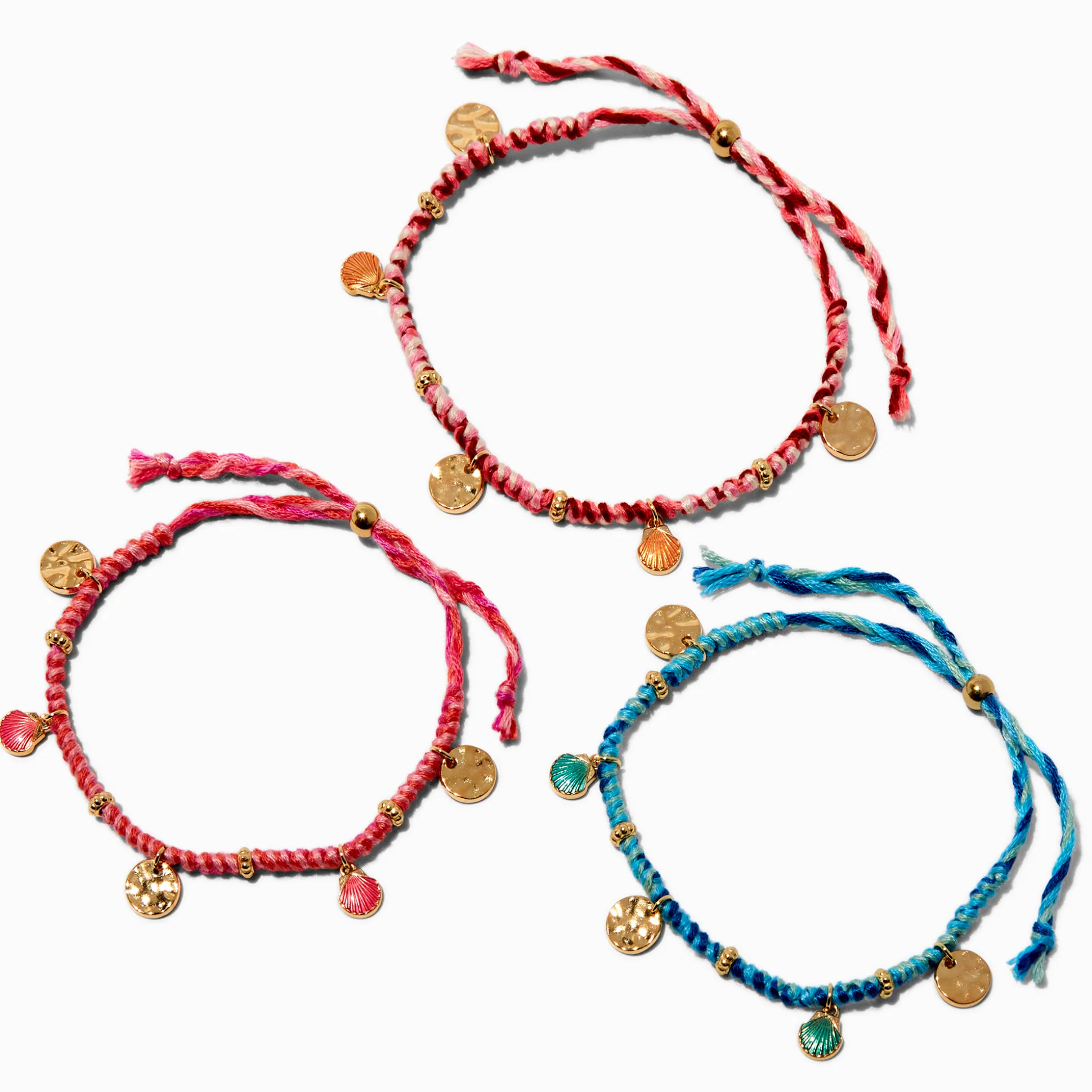 Bracelets réglables breloques coquillages tressés - Lot de 3