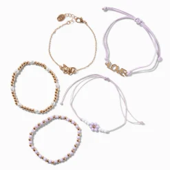 Bracelets violets fleurs et « Love » - Lot de 5