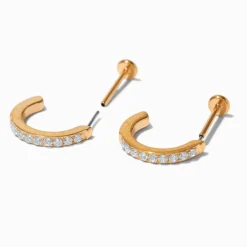 C LUXE by Claire's Gold-tone Titanium Cubic Zirconia Flat Back Hoop Earrings