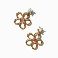 C LUXE by Claire's Gold-tone Sterling Silver Cubic Zirconia Pink Flower Drop Earrings