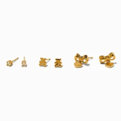 C LUXE by Claire's 18kt Gold Plated Cubic Zirconia Studs, Bears, & Bows Earrings - 3 Pack