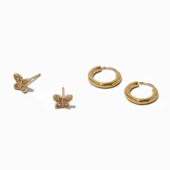 C LUXE by Claire's 18kt Gold Plated Cubic Zirconia Butterfly Studs & Hoop Earrings Set - 2 Pack