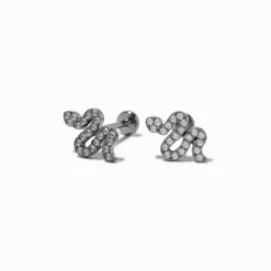 C LUXE by Claire's Silver-tone Titanium Cubic Zirconia Pavé Snake Flat Back Stud Earrings