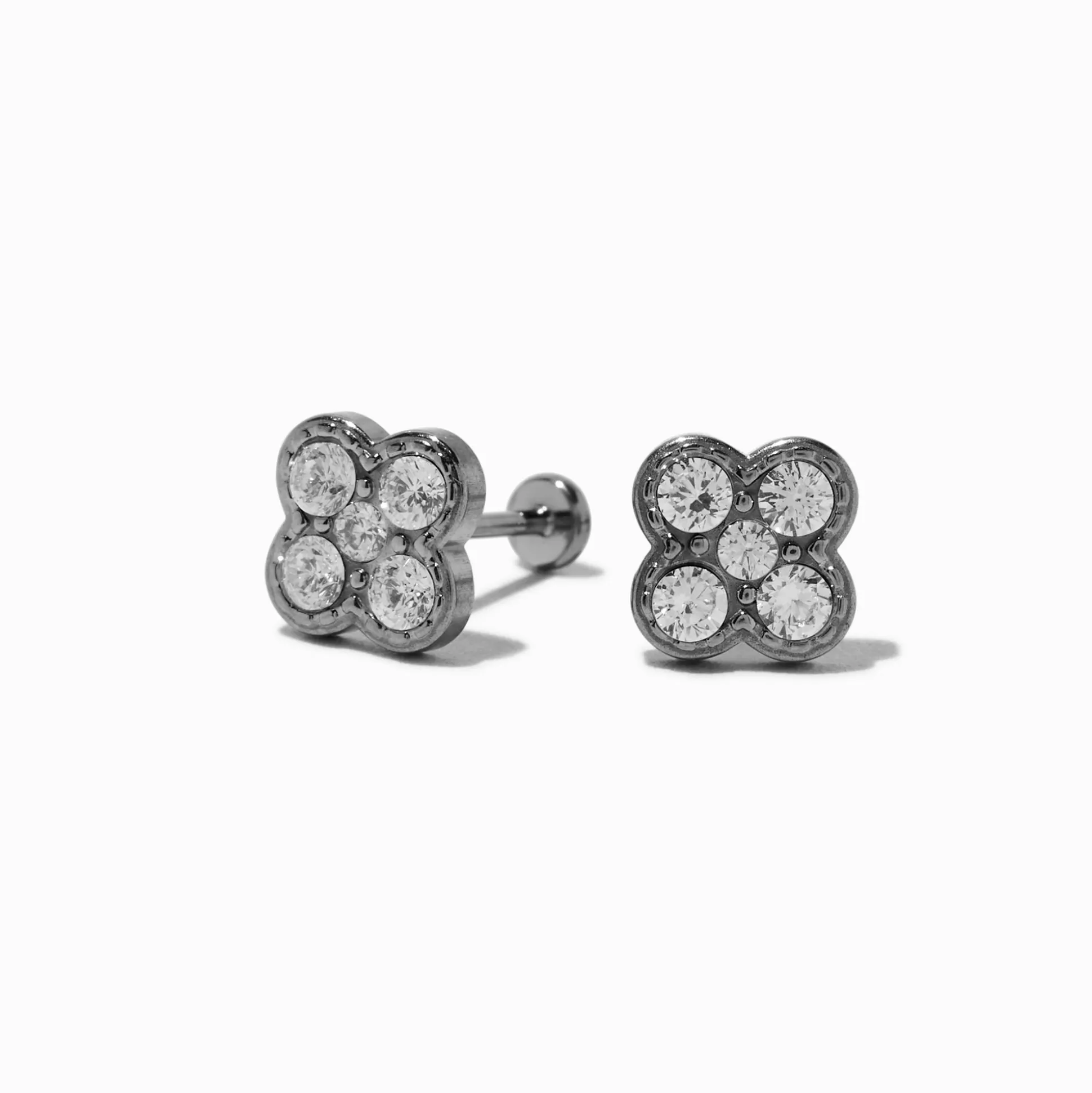 C LUXE by Claire's Silver-tone Titanium Cubic Zirconia Flat Back Clover Stud Earrings