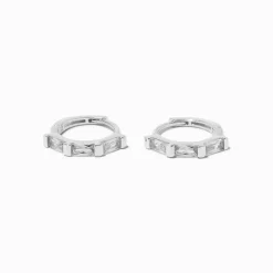 C LUXE by Claire's Sterling Silver 10mm Crystal Baguette Embellished Huggie Hoop Earrings