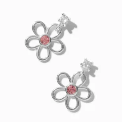 C LUXE by Claire's Sterling Silver Cubic Zirconia Pink Flower Drop Earrings