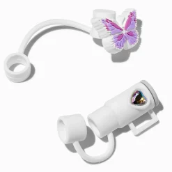 Caches pour pailles, tasse blanche et papillon violet - Lot de 2