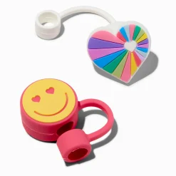 Capuchons pour pailles cœur arc-en-ciel et visage souriant - Lot de 2