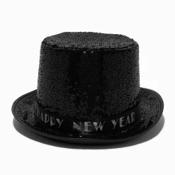 Chapeau haut-de-forme à sequins noirs « Happy New Year »