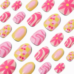 Cherry & Daisy Swirl Stiletto Press On Vegan Faux Nail Set - 24 Pack