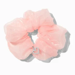 Chouchou à breloques cœur en organza rose clair