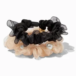 Chouchous noirs et couleur ivoire perles d'imitation en tissu extra-fin - Lot de 2