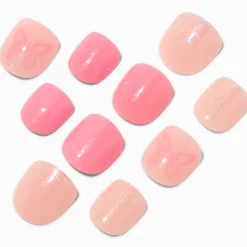 Claire's Club Pink Butterfly Glitter Press On Vegan Faux Nail Set - 10 Pack