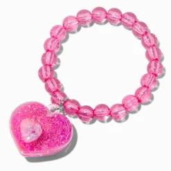 Claire's Club Pink Liquid-Filled Glitter Heart Stretch Bracelet