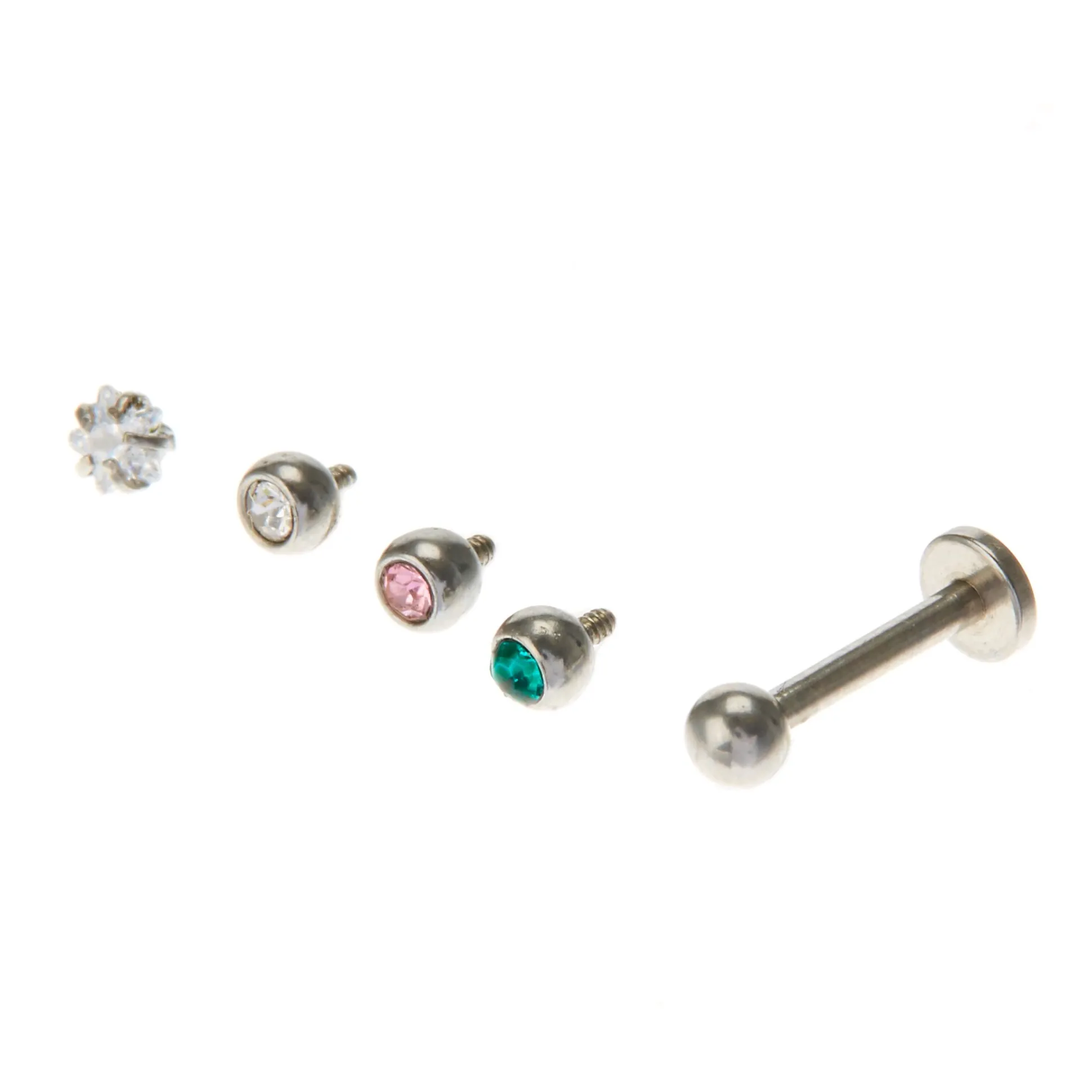 Clous arrière plat pour piercing labret avec zircon cubique d'imitation pastel détachables 1,2 mm couleur argentée - Lot de 5
