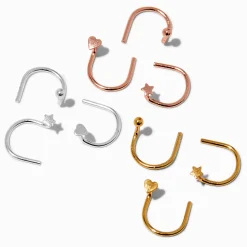 Clous de nez 0,6 mm en forme de U avec motifs boules, cœurs, étoiles en couleur argentée et métaux mixtes - Lot de 9