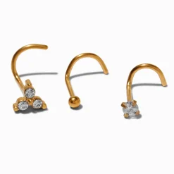 Clous de nez 0,8 mm géométriques avec zircon cubique en titane couleur dorée - Lot de 3