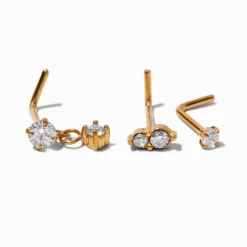 Clous de nez 0,8 mm pendants en zircon cubique et acier inoxydable couleur dorée - Lot de 3