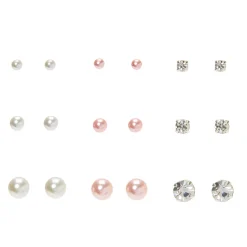 Clous d’oreille de différentes tailles avec perles d'imitation couleur argenté - Lot de 9