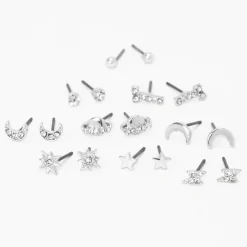 Clous d’oreilles célestes couleur argentée - Lot de 9