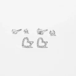 Clous d’oreilles cœur en zircon cubique d’imitation couleur argentée - Lot de 3