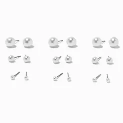 Clous d’oreilles de différentes tailles avec perles d'imitation blancs - Lot de 9