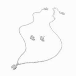 Clous d’oreilles et collier à pendentif carré auréole en zircon cubique couleur argentée - Lot de 2