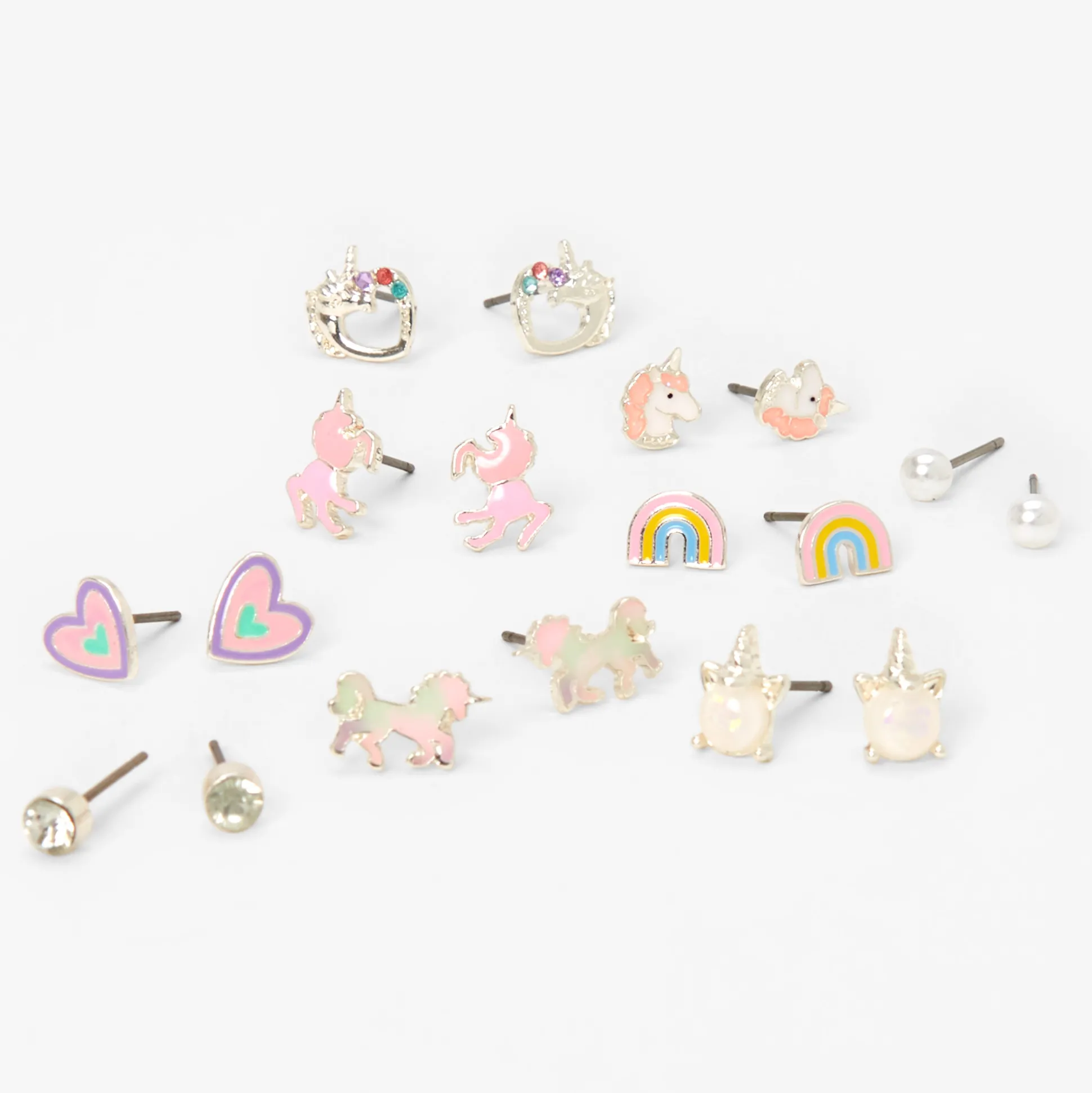 Clous d’oreilles licorne couleur argentée - Lot de 9