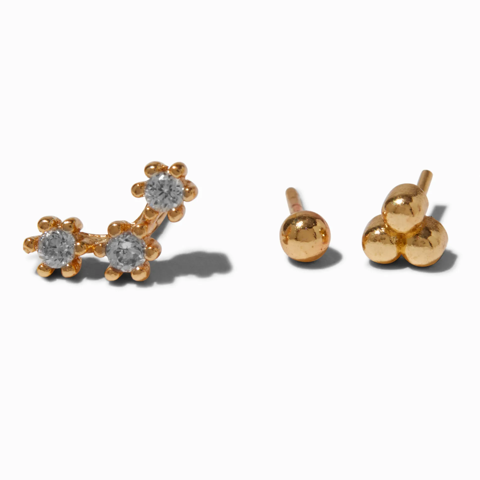 Clous d’oreilles pour piercing au cartilage non filetés 0,8 mm zircon cubique et acier inoxydable couleur dorée - Lot de 3