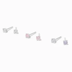 Clous d’oreilles ronds 4 mm transparents/roses/lavande en zircon cubique et argent C LUXE by Claire’s - Lot de 3