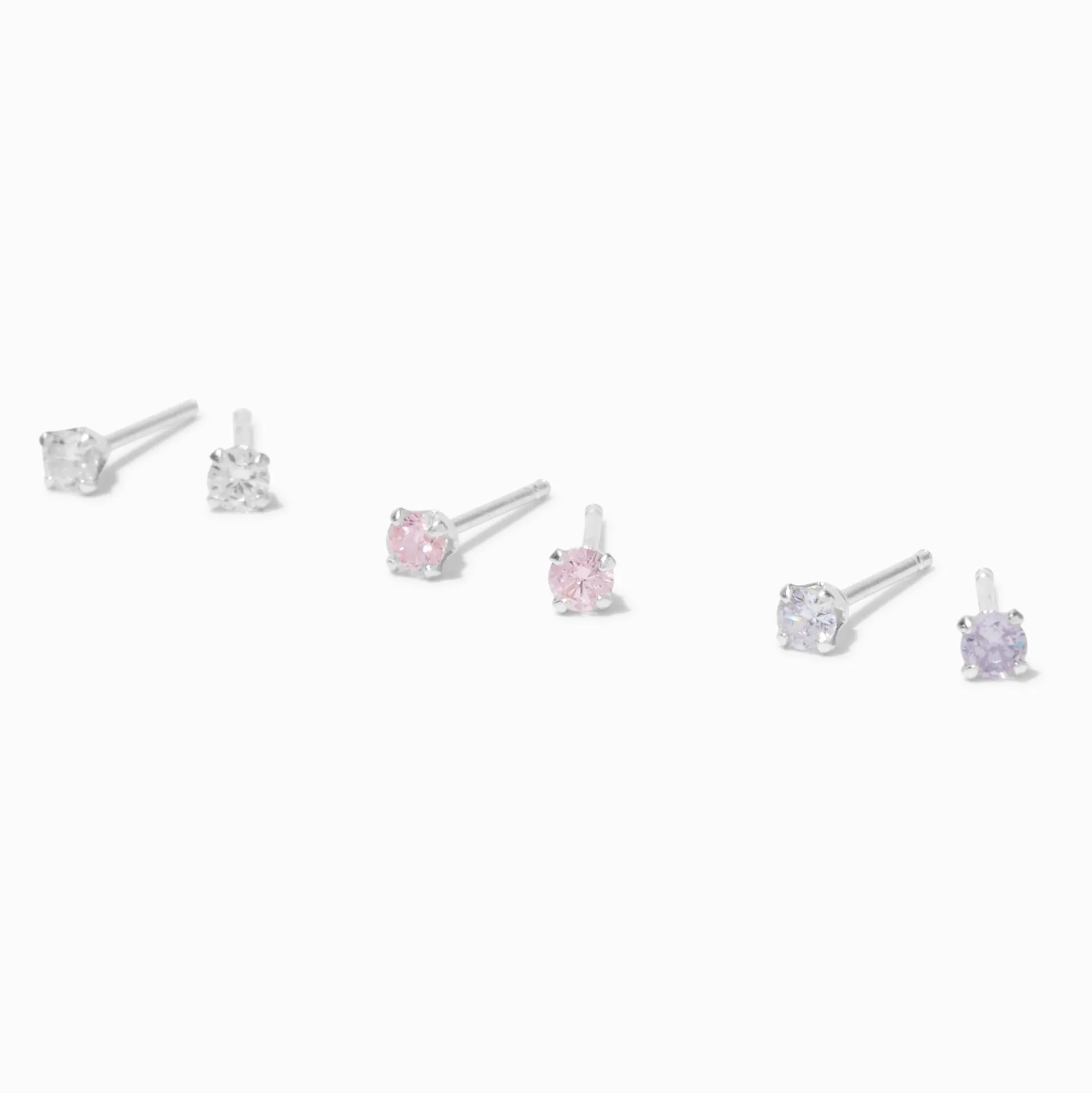 Clous d’oreilles ronds 4 mm transparents/roses/lavande en zircon cubique et argent C LUXE by Claire’s - Lot de 3