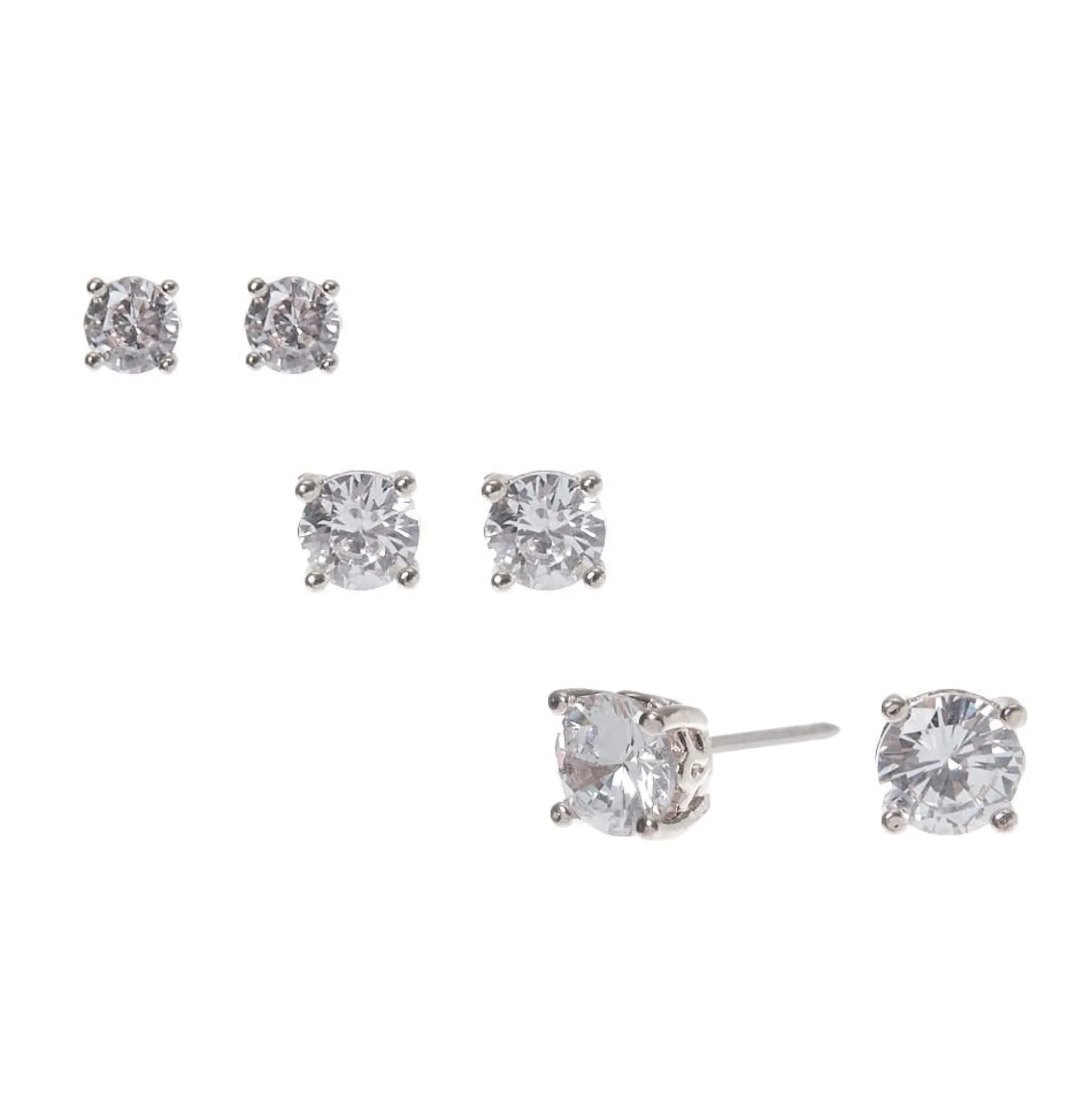 Clous d’oreilles ronds 4 mm, 5 mm, 6 mm en zircon cubique couleur argentée - Lot de 3