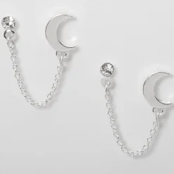Clous d'oreilles à chaîne lune ornementée couleur argentée