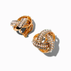 Clous d'oreilles à clip nœud noué perle d'imitation et strass couleur dorée