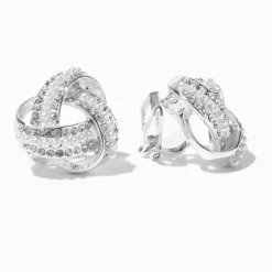 Clous d'oreilles à clip nœud noué perle d'imitation et strass couleur argentée