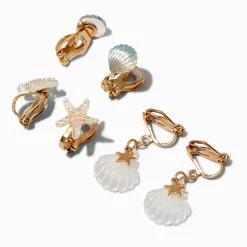 Clous d'oreilles à clip vie aquatique couleur dorée - Lot de 3