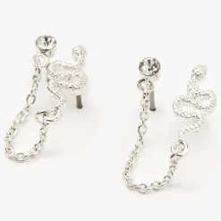 Clous d'oreilles avec chaîne et serpent couleur argentée