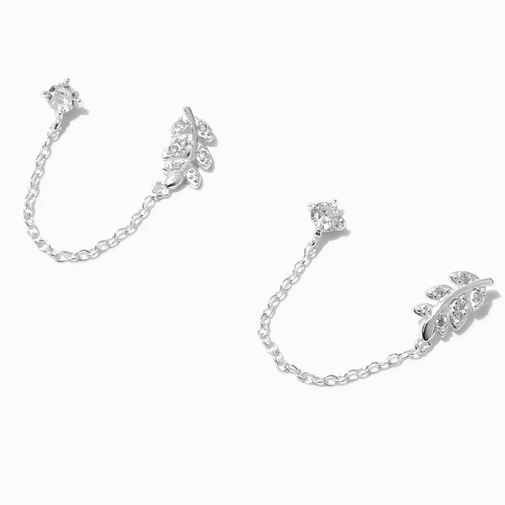 Clous d'oreilles avec chaîne feuille ornementée en argent