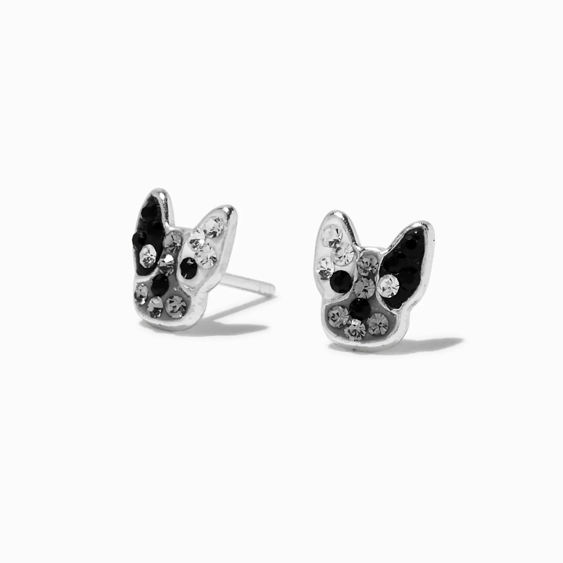 Clous d'oreilles bouledogue français strass couleur argentée