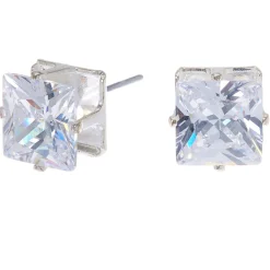 Clous d'oreilles carrés avec strass en zircon cubique d'imitation couleur argentée - 8 mm