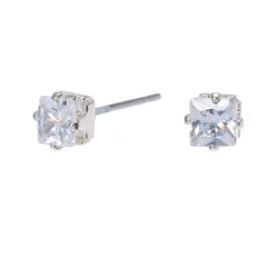 Clous d'oreilles carrés avec strass en zircon cubique d'imitation couleur argentée - 4 mm