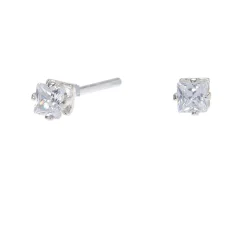 Clous d'oreilles carrés avec strass en zircon cubique d'imitation couleur argentée - 3 mm