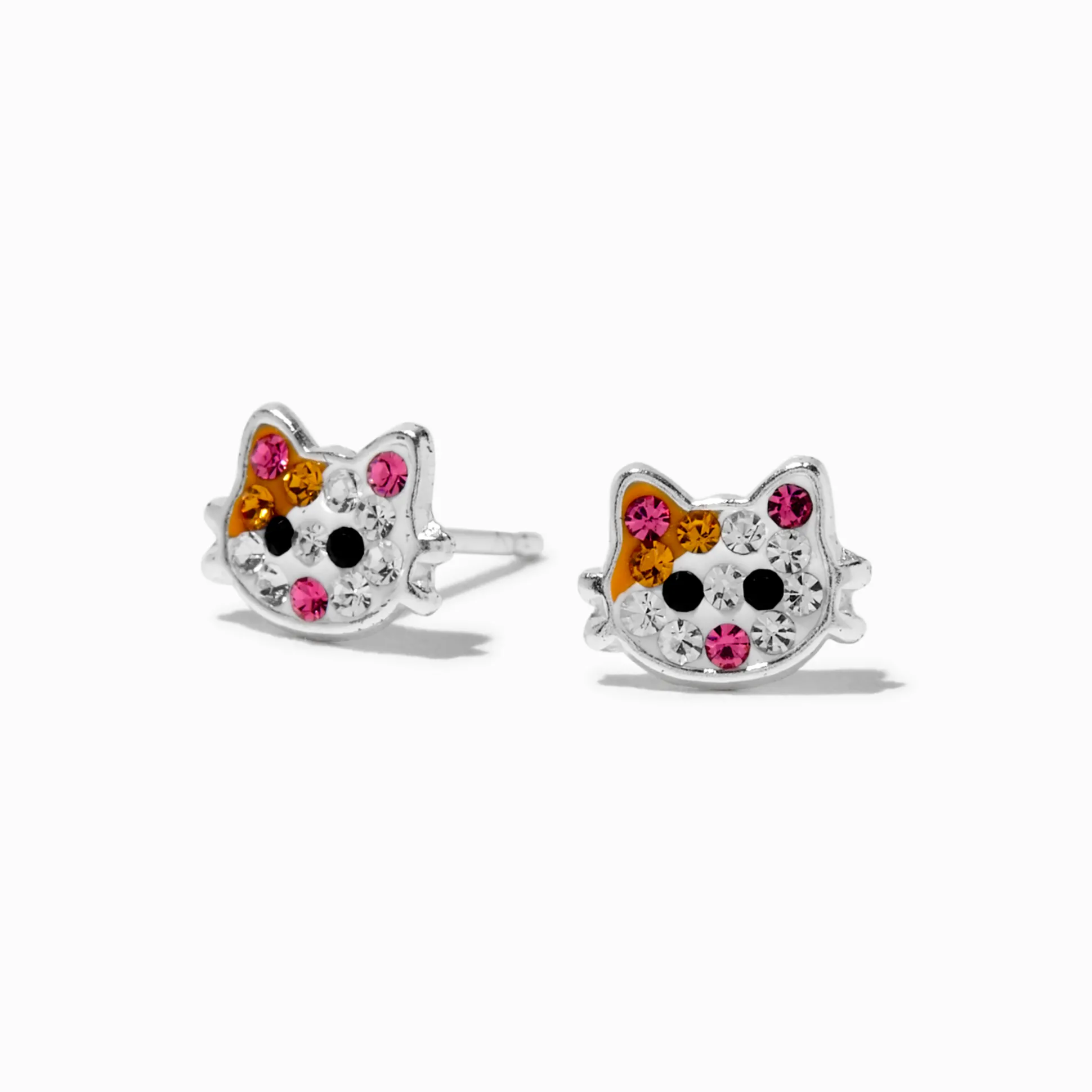 Clous d'oreilles chat et strass couleur argentée