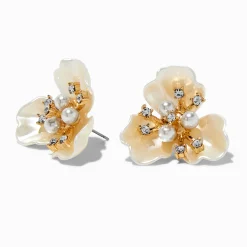 Clous d'oreilles couleur dorée fleur strass et perle d'imitation