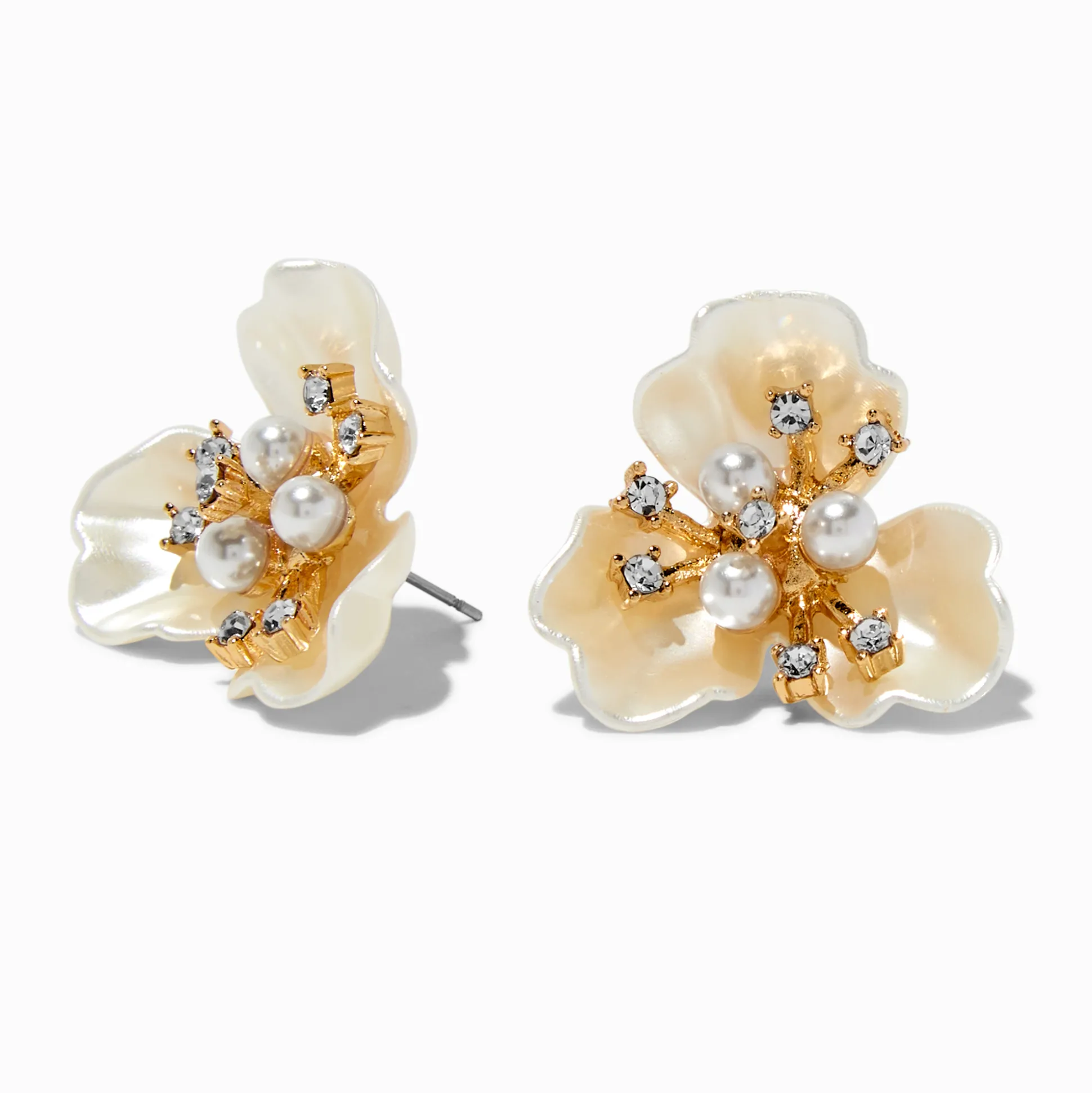 Clous d'oreilles couleur dorée fleur strass et perle d'imitation
