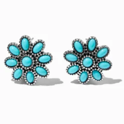 Clous d'oreilles couleur argentée cowgirl fleur turquoise d'imitation