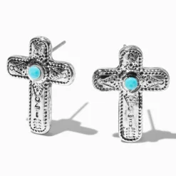 Clous d'oreilles cowgirl croix en filigrane couleur argentée